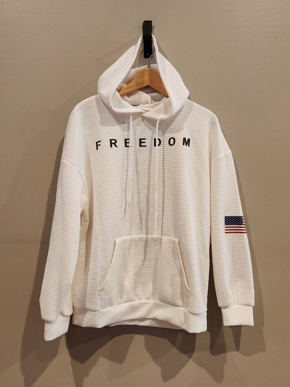 Womens Waffle Knit Hoodie Freedom Graphic USA Flag Sleeve Pullover Sweatshirt Me